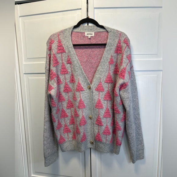 Adora Fluffy Tree Accent Cardigan Size Women Medium Color Gray With Pink Accents